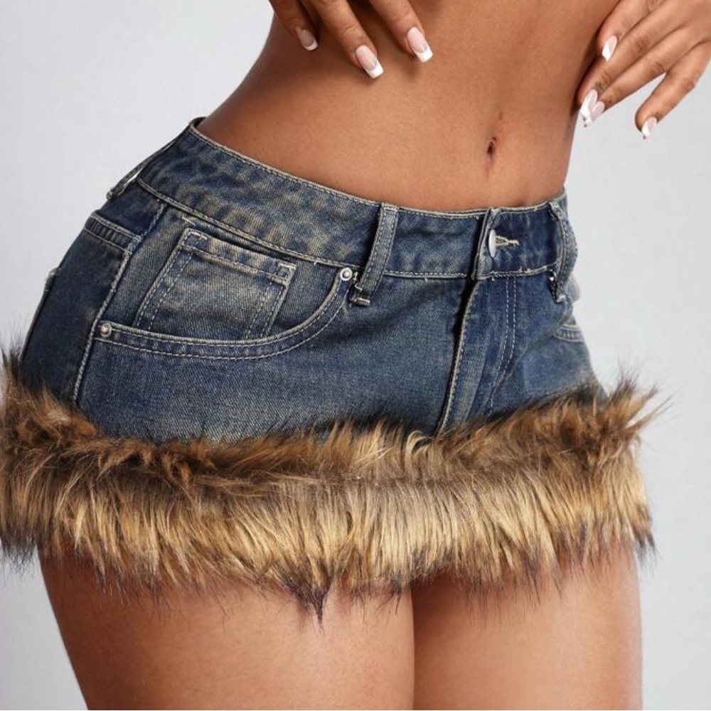 Denim Fur-Trimmed Women Mini skirt